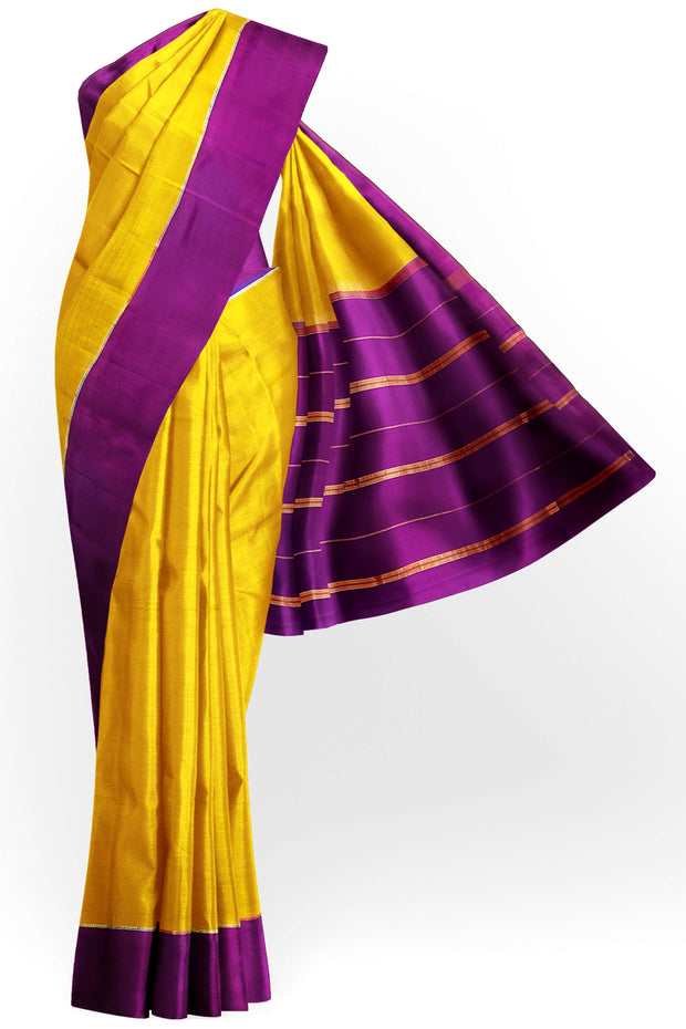 Gorgeous Mysore pure silk pure gold zari saree in mustard yellow with striped pallu