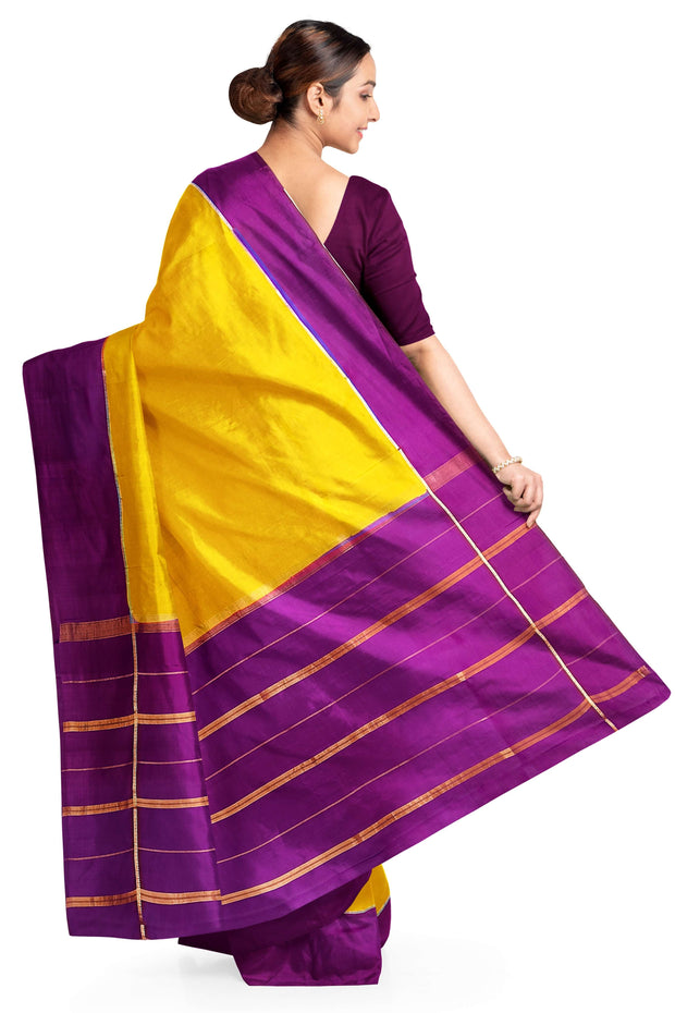 Gorgeous Mysore pure silk pure gold zari saree in mustard yellow with striped pallu