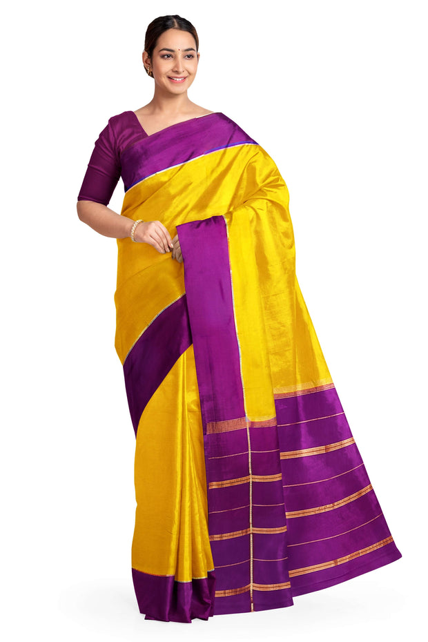 Gorgeous Mysore pure silk pure gold zari saree in mustard yellow with striped pallu