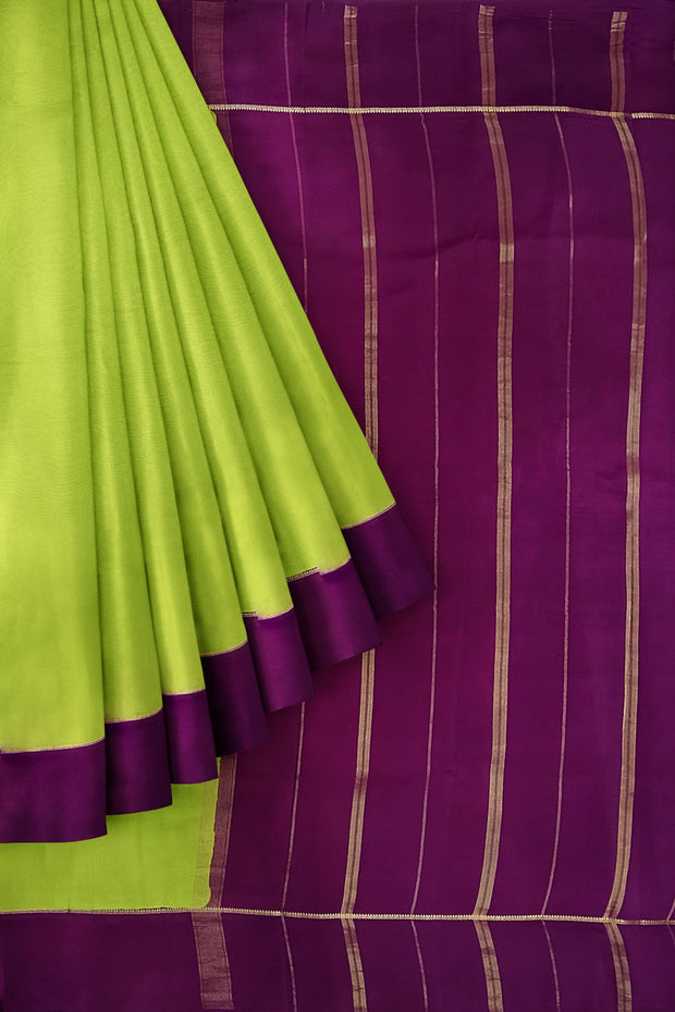 Gorgeous Mysore pure silk pure gold zari saree in radium green with striped pallu