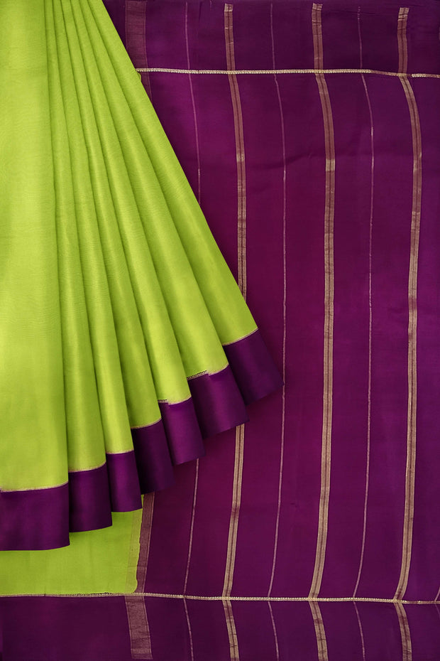 Gorgeous Mysore pure silk pure gold zari saree in radium green with striped pallu