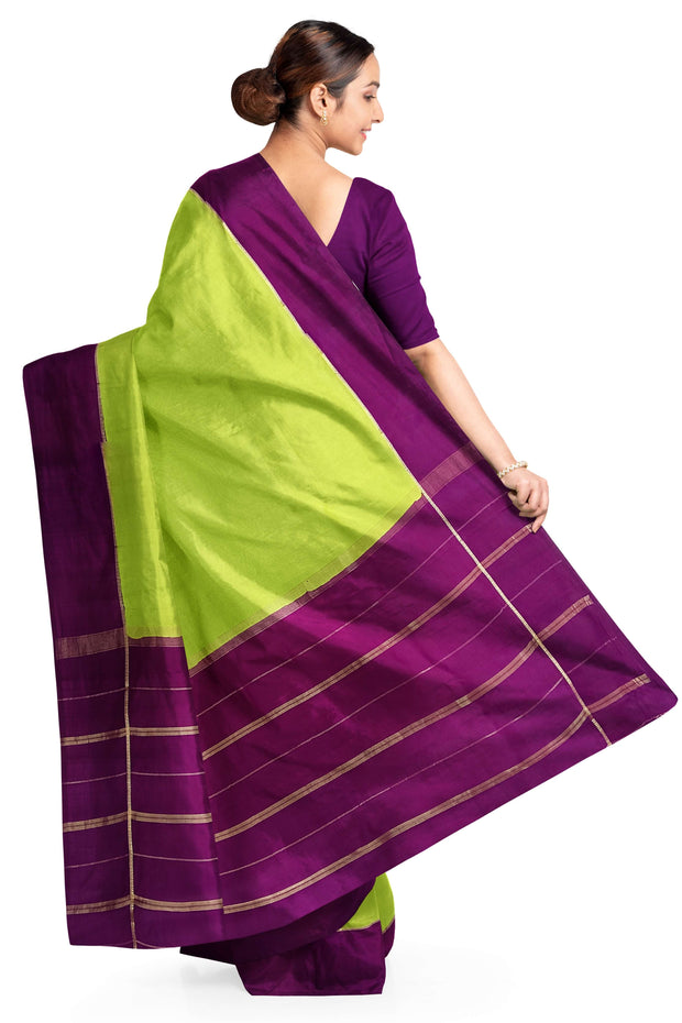 Gorgeous Mysore pure silk pure gold zari saree in radium green with striped pallu