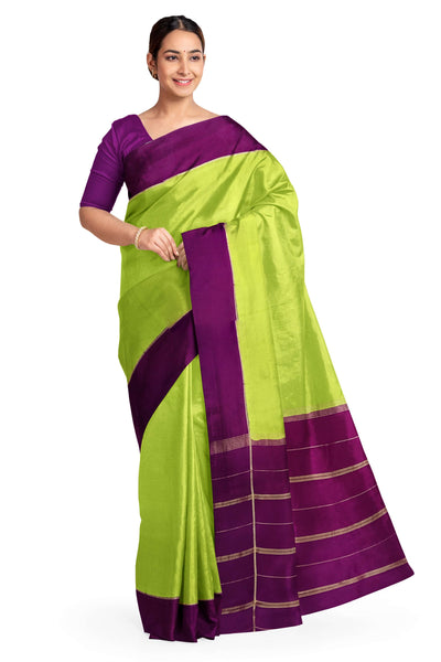 Gorgeous Mysore pure silk pure gold zari saree in radium green with striped pallu