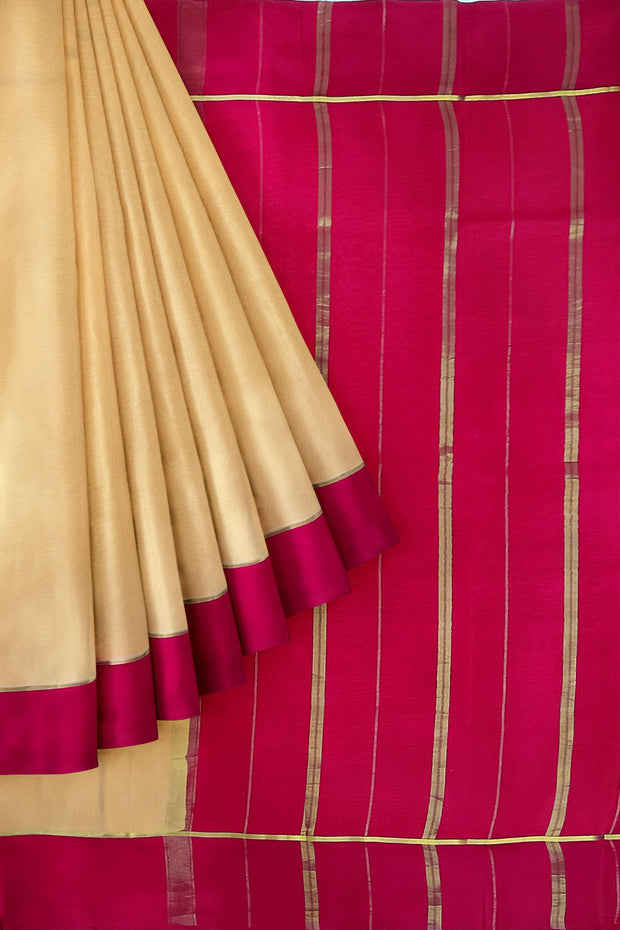 Gorgeous Mysore pure silk pure gold zari saree in peach with striped pallu