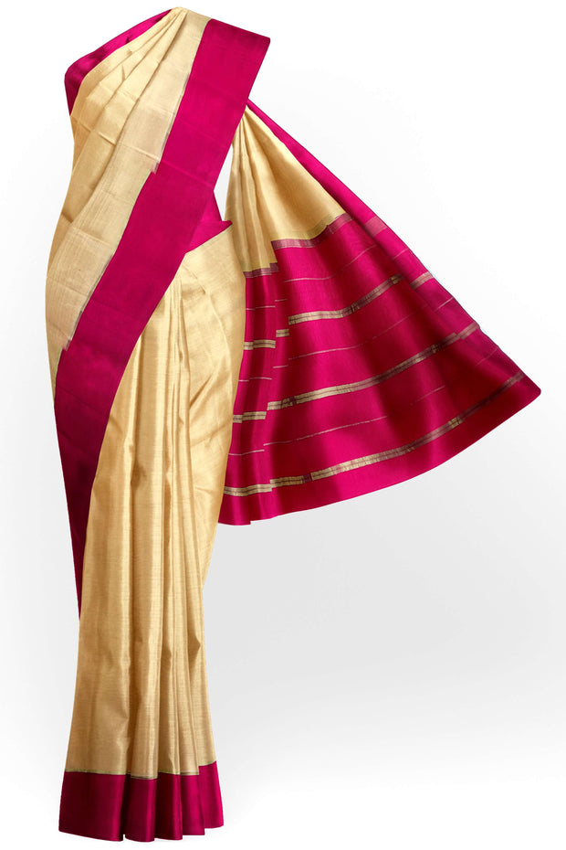 Gorgeous Mysore pure silk pure gold zari saree in peach with striped pallu