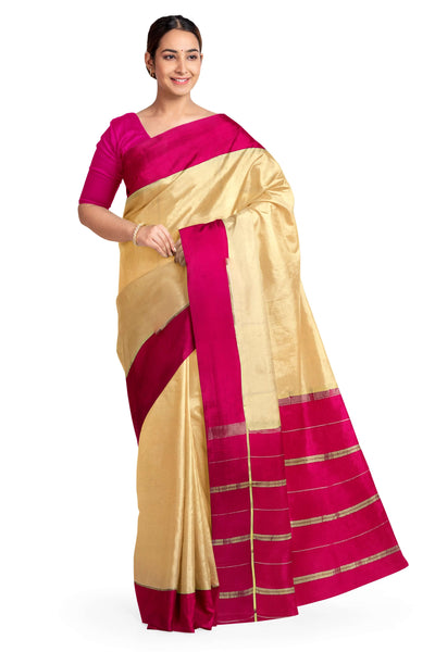 Gorgeous Mysore pure silk pure gold zari saree in peach with striped pallu