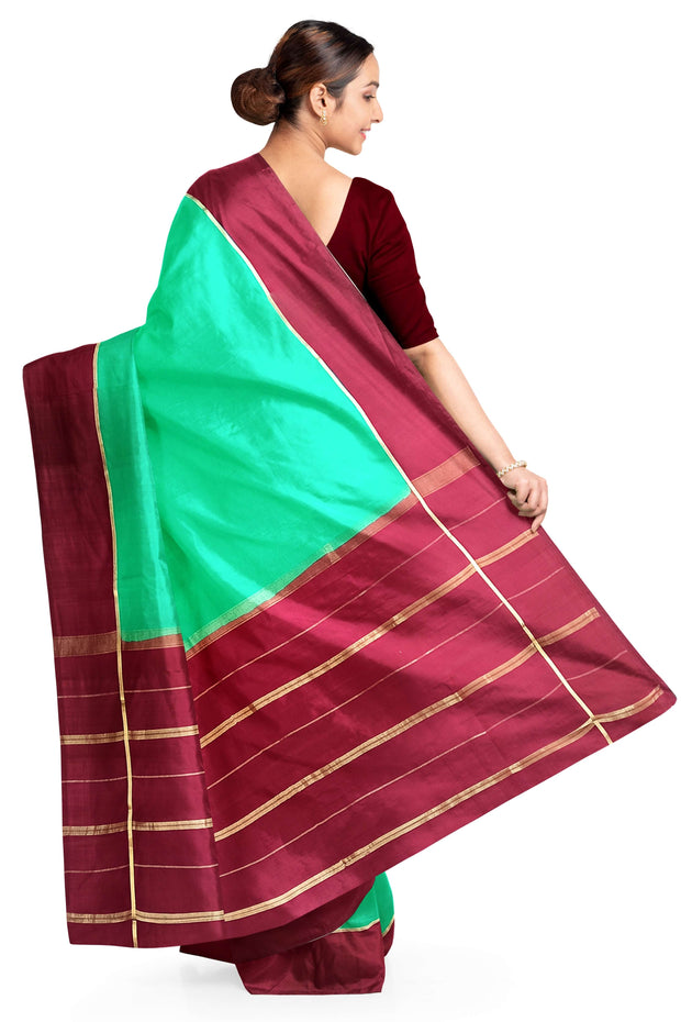 Gorgeous Mysore pure silk pure gold zari saree in rama green with striped pallu