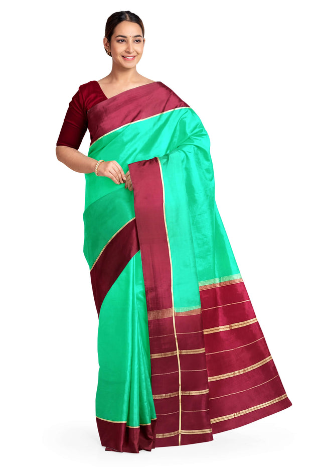 Gorgeous Mysore pure silk pure gold zari saree in rama green with striped pallu