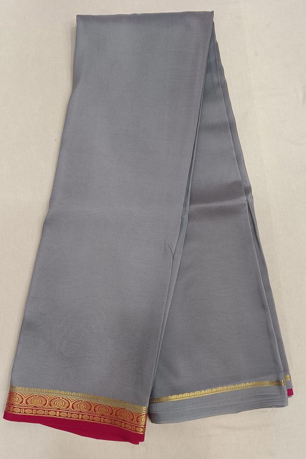 Gorgeous Mysore pure silk pure gold zari saree in grey with striped pallu