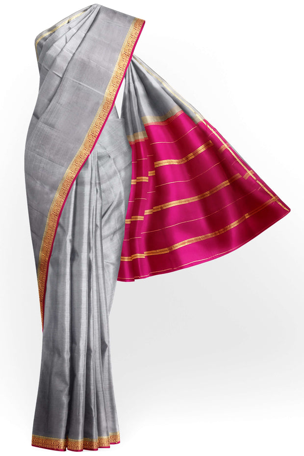 Gorgeous Mysore pure silk pure gold zari saree in grey with striped pallu