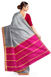 Gorgeous Mysore pure silk pure gold zari saree in grey with striped pallu