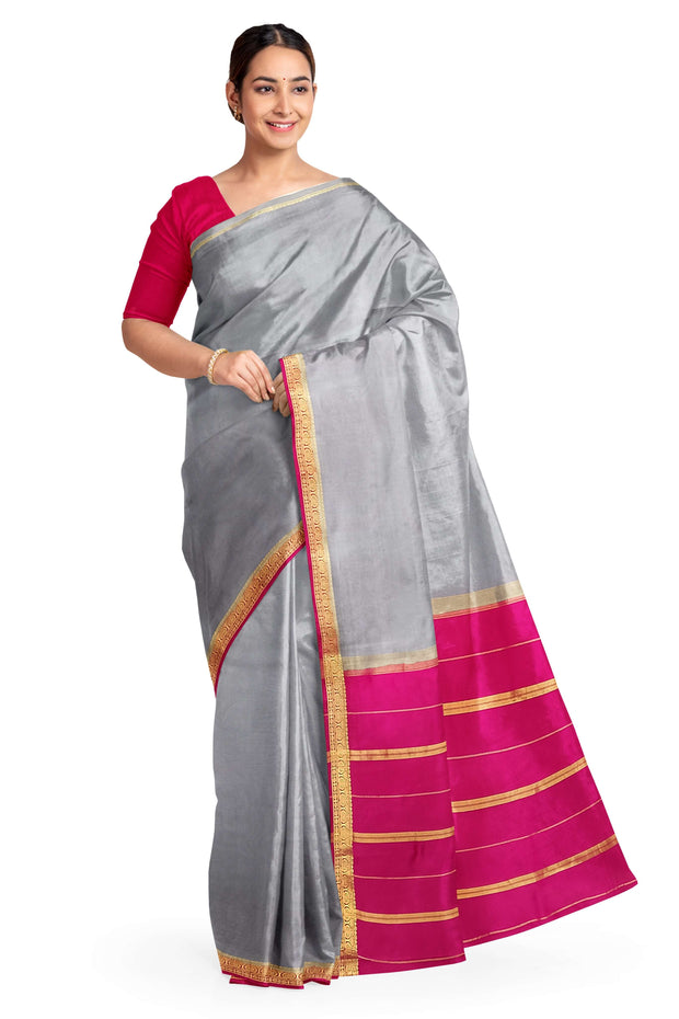 Gorgeous Mysore pure silk pure gold zari saree in grey with striped pallu