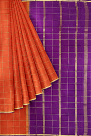 Gorgeous Mysore pure silk pure gold zari saree in in rust colour  with zari checks