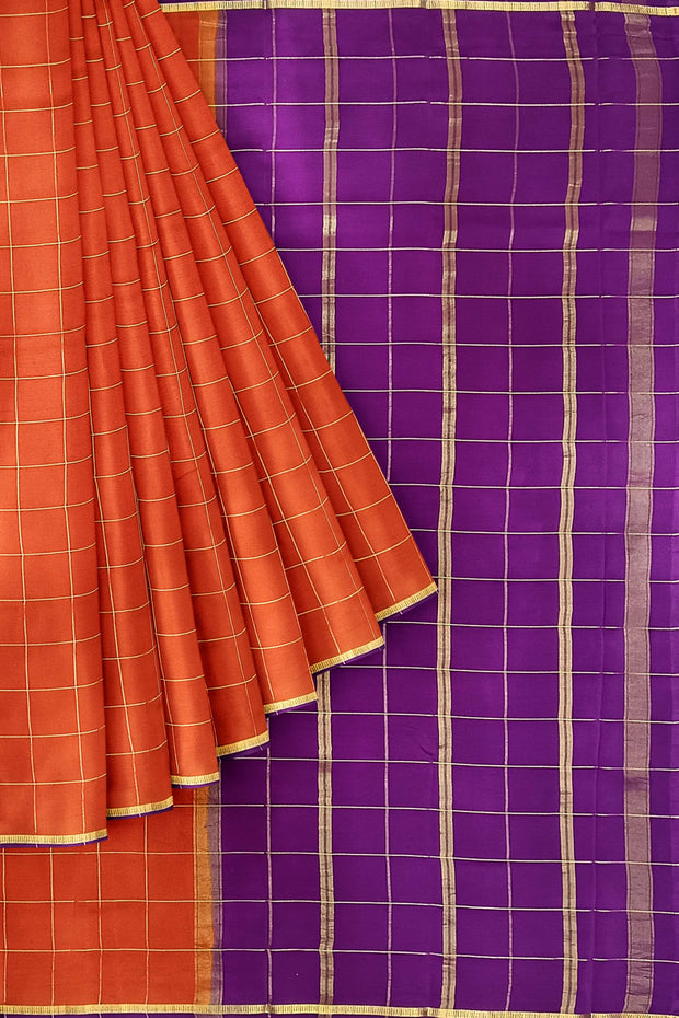 Gorgeous Mysore pure silk pure gold zari saree in in rust colour  with zari checks