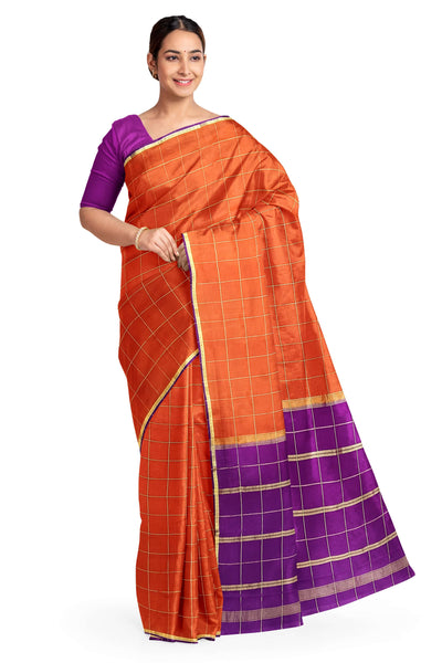 Gorgeous Mysore pure silk pure gold zari saree in in rust colour  with zari checks