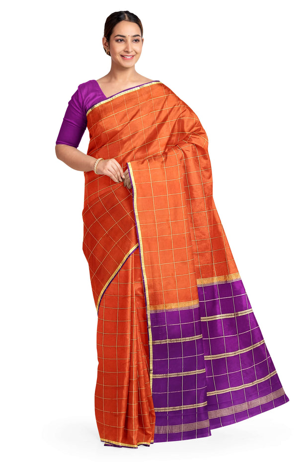 Gorgeous Mysore pure silk pure gold zari saree in in rust colour  with zari checks