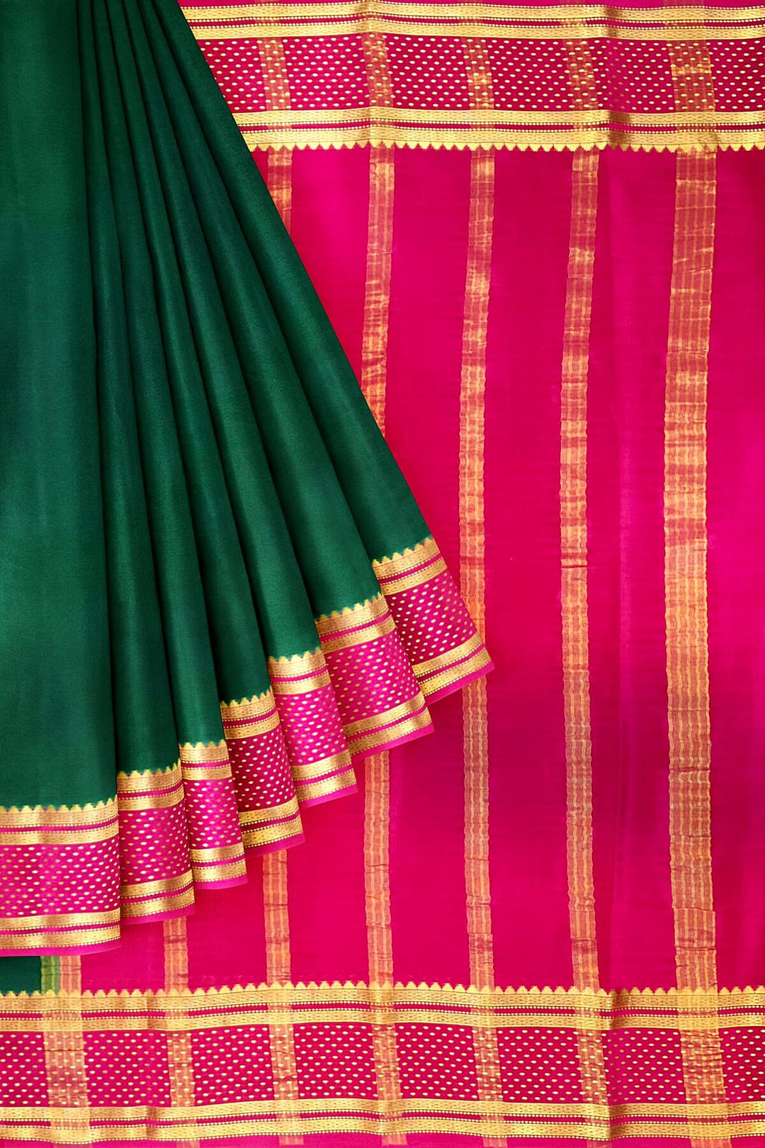 Mysore crepe pure silk saree in bottle green with bentex border.
