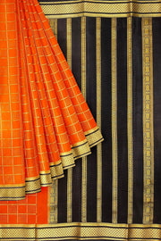Mysore crepe pure silk saree in orange with squares in checks
