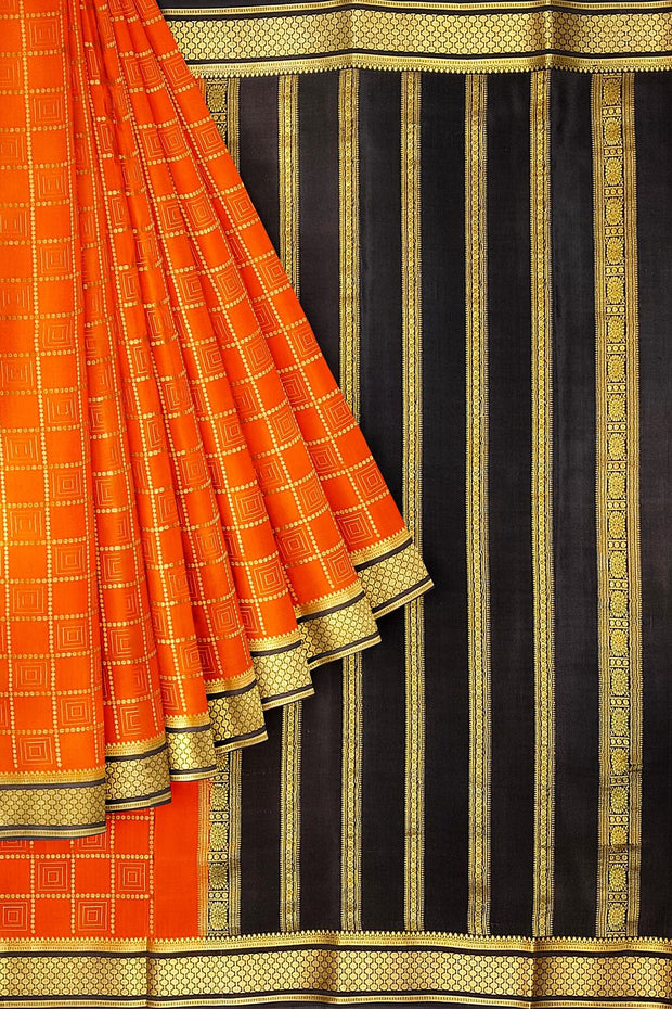 Mysore crepe pure silk saree in orange with squares in checks