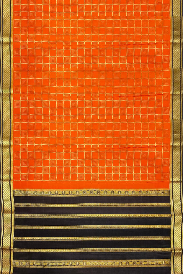 Mysore crepe pure silk saree in orange with squares in checks