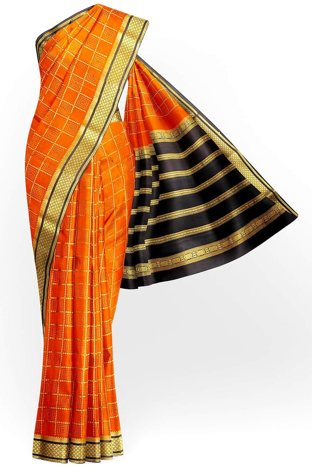 Mysore crepe pure silk saree in orange with squares in checks