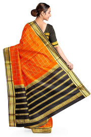 Mysore crepe pure silk saree in orange with squares in checks
