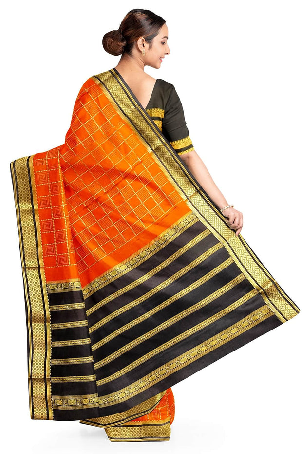 Mysore crepe pure silk saree in orange with squares in checks