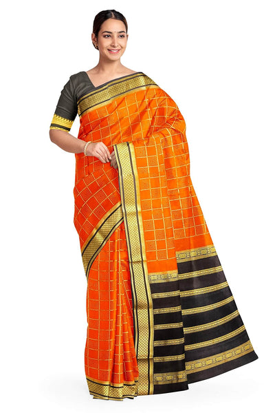 Mysore crepe pure silk saree in orange with squares in checks