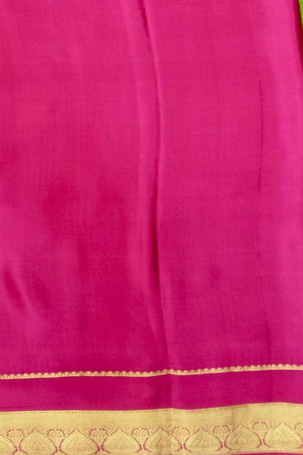 Mysore crepe pure silk saree in parrot green with checks & floral buttis