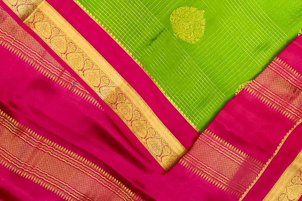 Mysore crepe pure silk saree in parrot green with checks & floral buttis