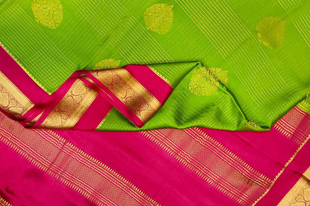 Mysore crepe pure silk saree in parrot green with checks & floral buttis