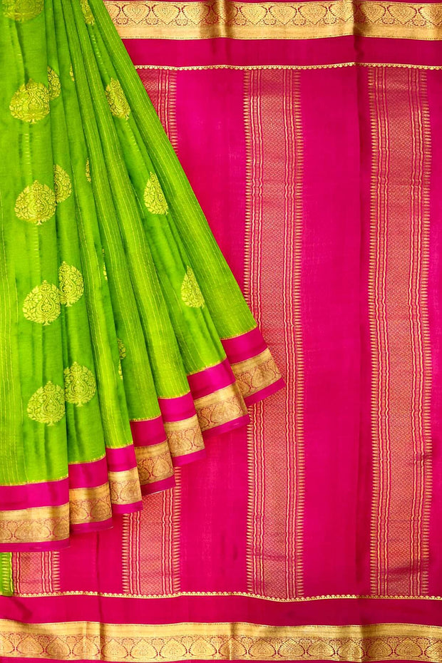 Mysore crepe pure silk saree in parrot green with checks & floral buttis