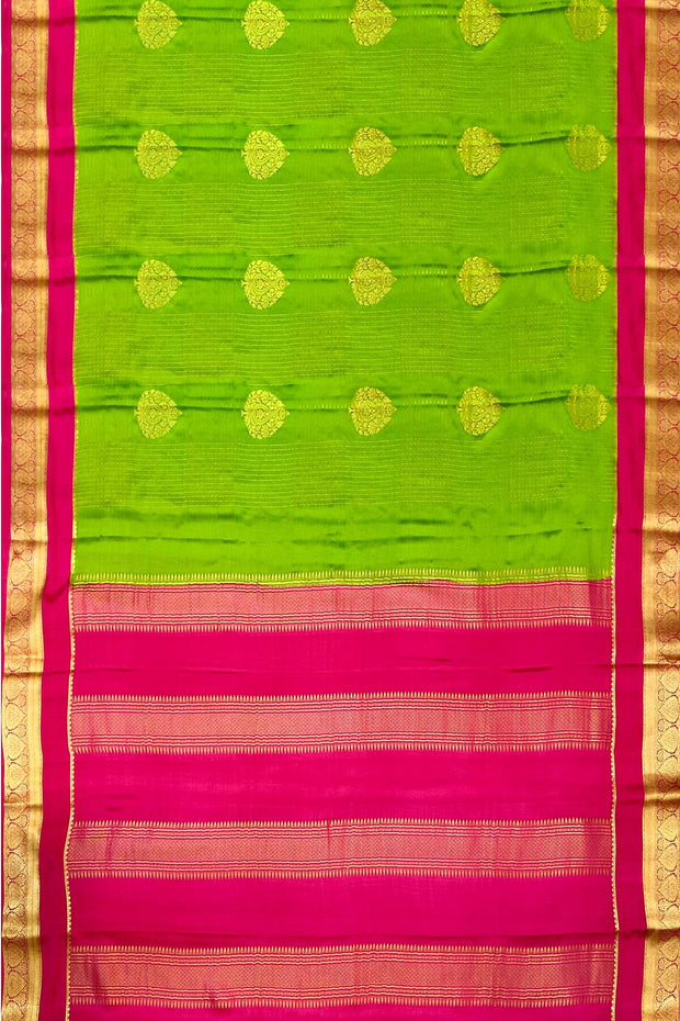 Mysore crepe pure silk saree in parrot green with checks & floral buttis