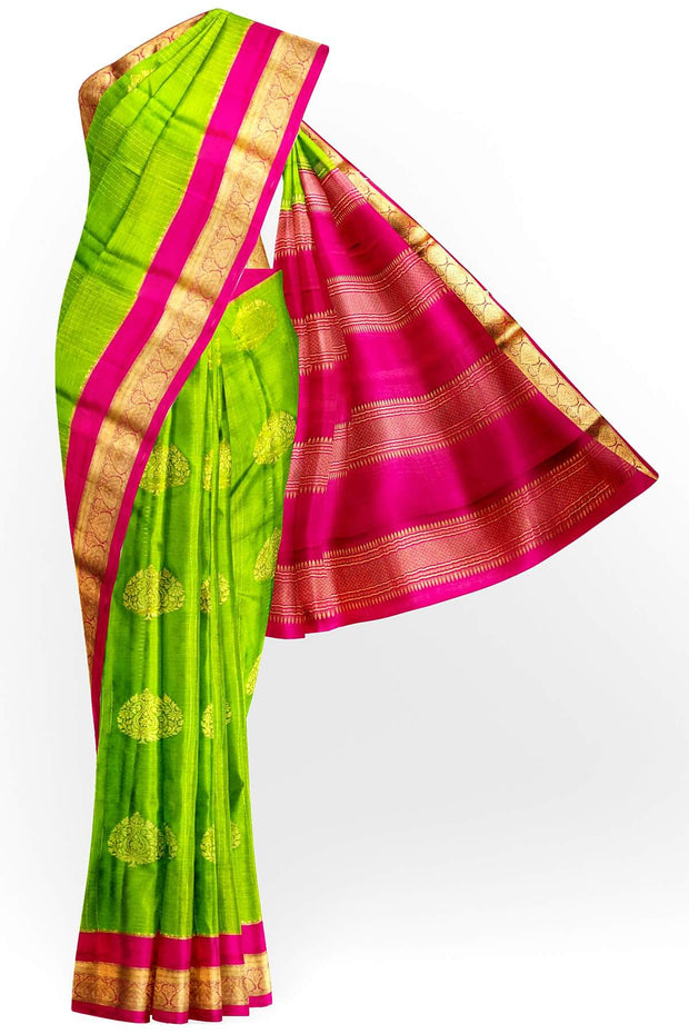 Mysore crepe pure silk saree in parrot green with checks & floral buttis