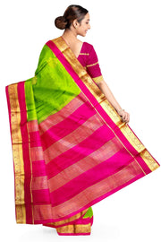 Mysore crepe pure silk saree in parrot green with checks & floral buttis