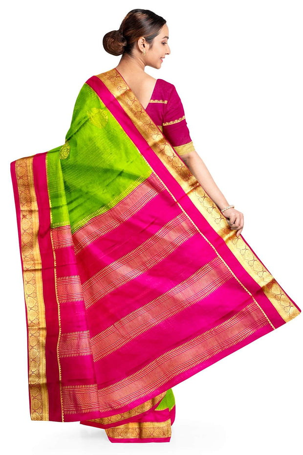 Mysore crepe pure silk saree in parrot green with checks & floral buttis