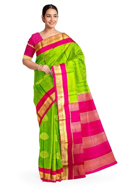Mysore crepe pure silk saree in parrot green with checks & floral buttis