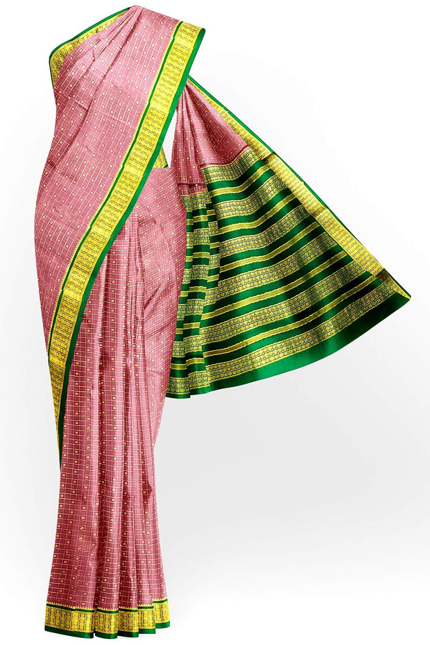 Mysore crepe pure silk saree in onion pink   with small checks & buttis all over the body.