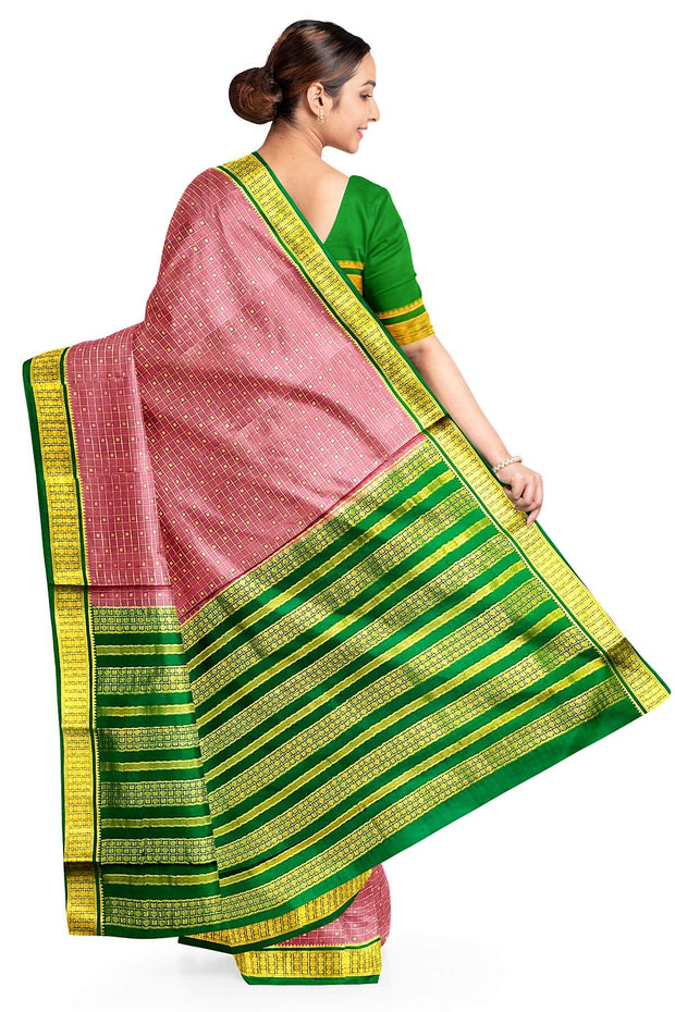 Mysore crepe pure silk saree in onion pink   with small checks & buttis all over the body.