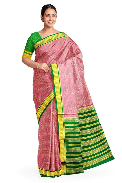 Mysore crepe pure silk saree in onion pink   with small checks & buttis all over the body.