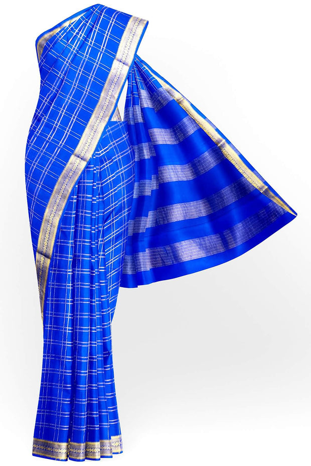 Mysore crepe pure silk saree in royal blue  in fine zari checks all over the body