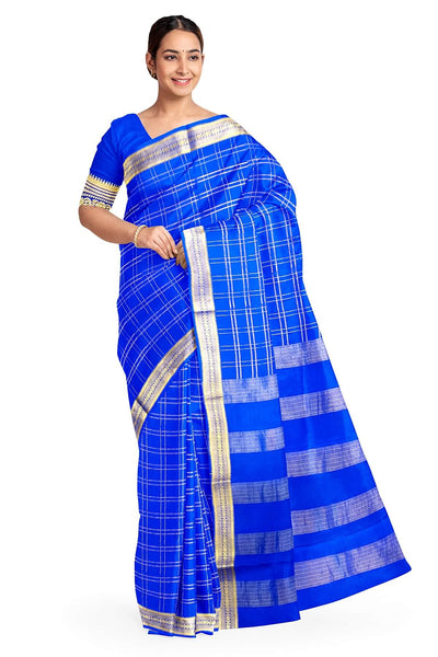 Mysore crepe pure silk saree in royal blue  in fine zari checks all over the body