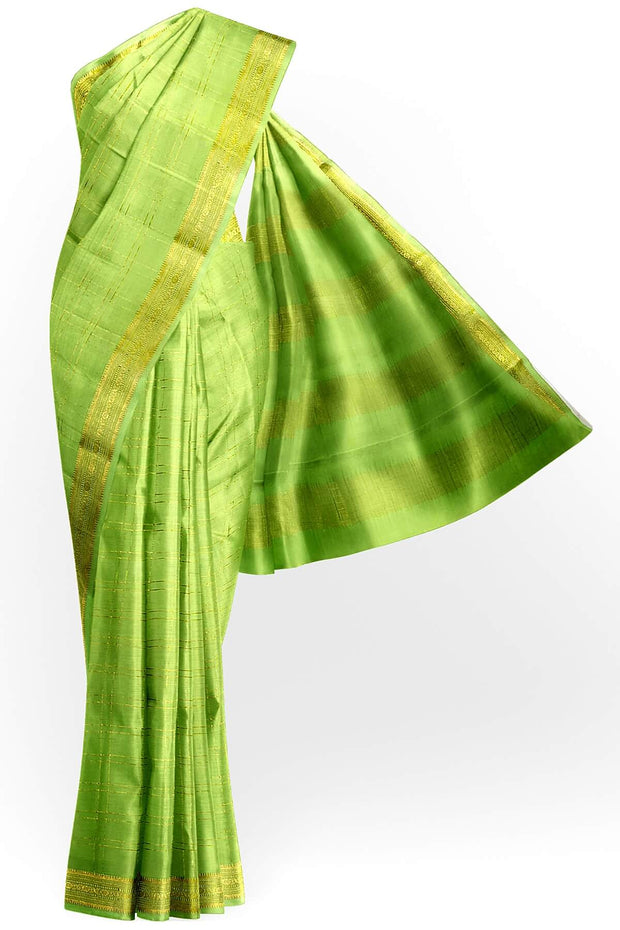 Mysore crepe pure silk saree in pista green  in fine zari checks all over the body