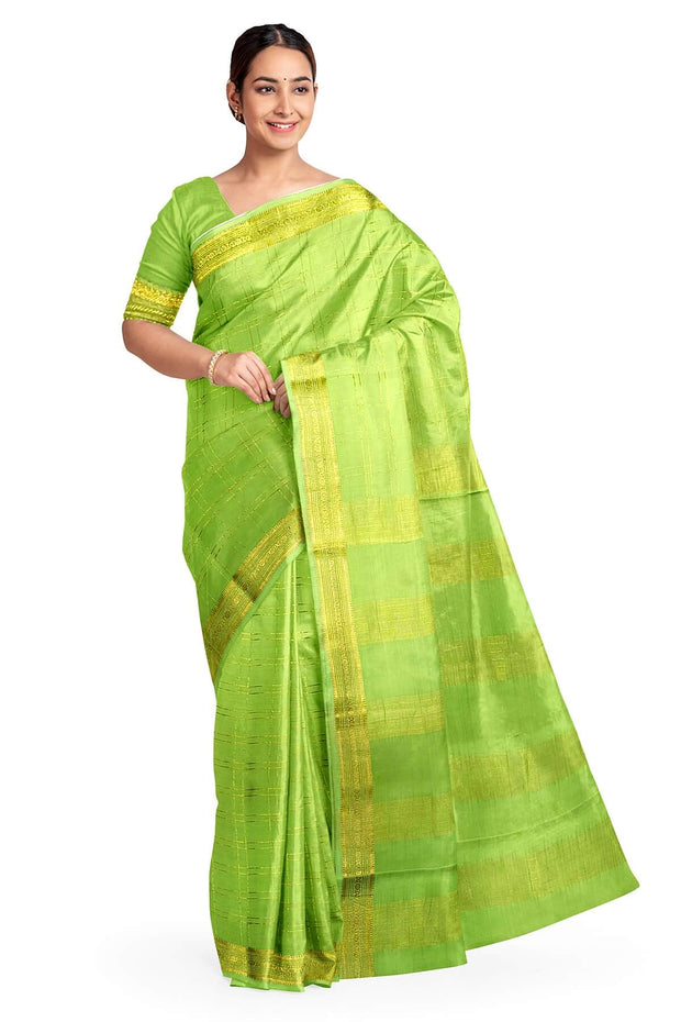 Mysore crepe pure silk saree in pista green  in fine zari checks all over the body