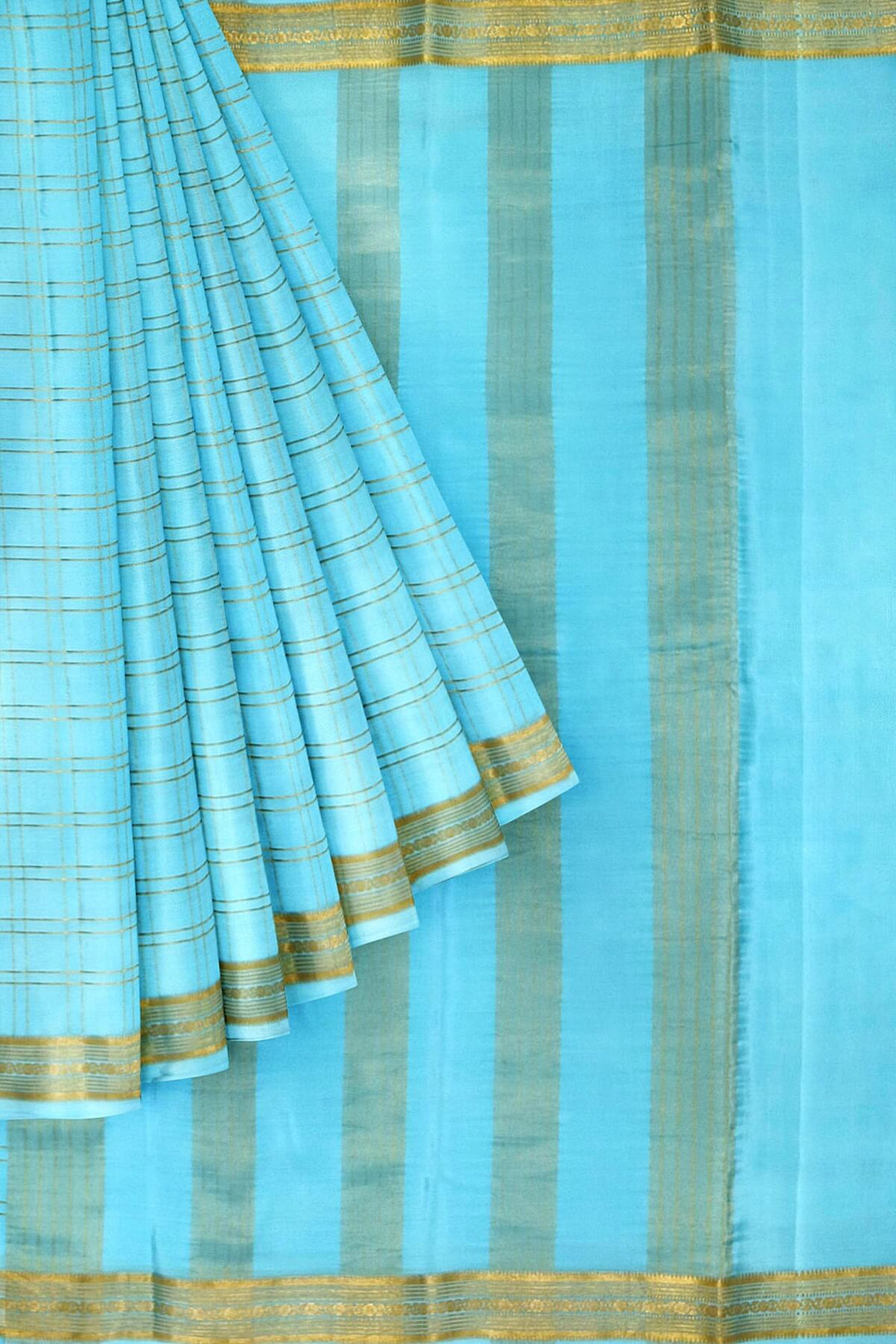 Mysore crepe pure silk saree in pool blue  in fine zari checks all over the body