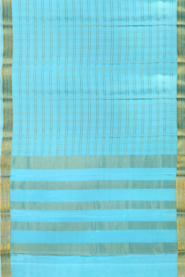 Mysore crepe pure silk saree in pool blue  in fine zari checks all over the body