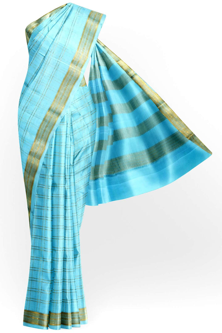 Mysore crepe pure silk saree in pool blue  in fine zari checks all over the body