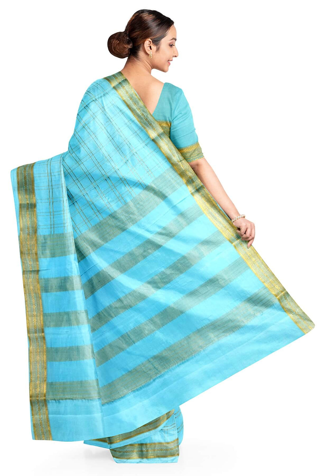 Mysore crepe pure silk saree in pool blue  in fine zari checks all over the body