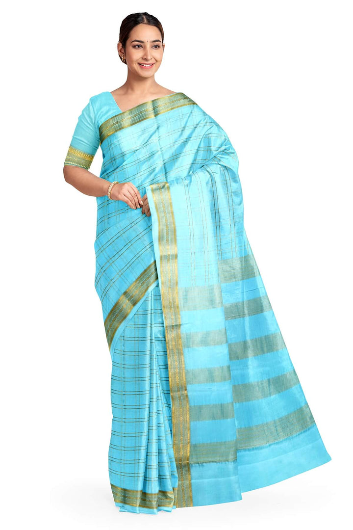 Mysore crepe pure silk saree in pool blue  in fine zari checks all over the body