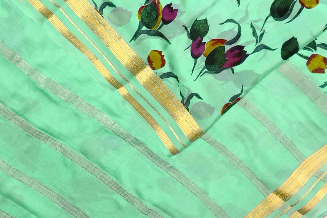 Printed Mysore crepe pure silk saree in pool blue